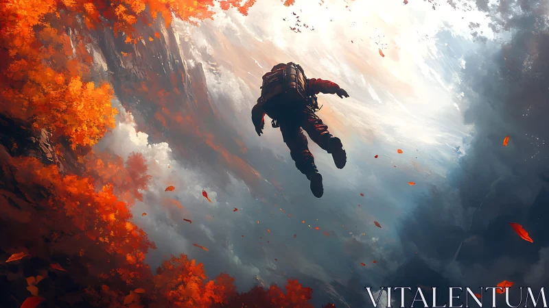 Autumn-tinted astronaut drifts between clouds and burning leaves