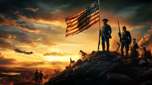 Cinematic patriotic battle tableau with elevated flag composition.