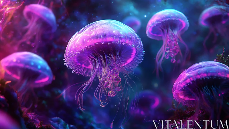 Neon moon jelly ballet drifting through cosmic tides.