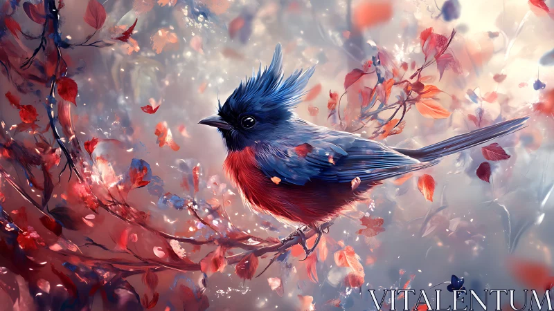 Vibrant blue and red bird on a branch in dreamy digital art style.
