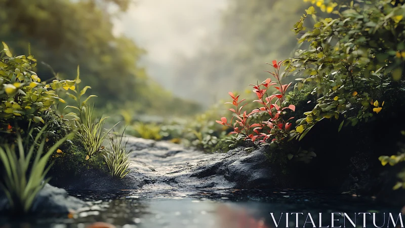 Lush forest stream with vivid red foliage and soft light.