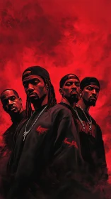 Digital painting portrait of hip-hop group in red haze composition.