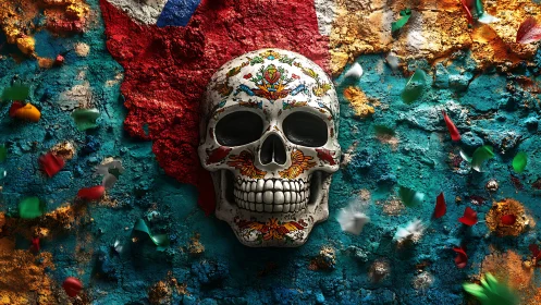 Textured sugar skull relief against fragmented tricolor wall.