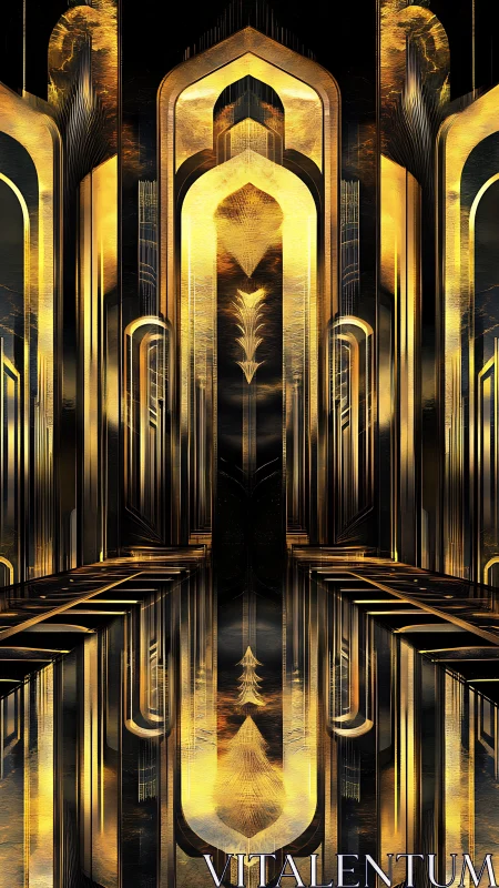 Symmetrical art deco corridor with reflective golden arches