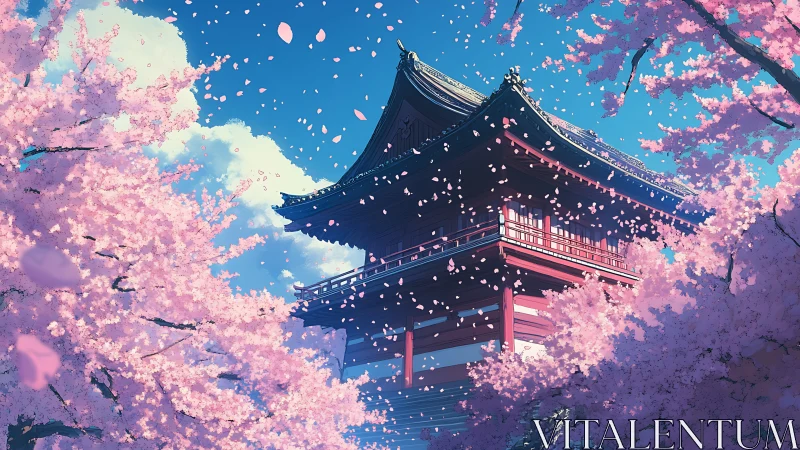 Traditional tiered pagoda stands among dense cherry blossoms