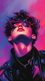 Bold neon portrait of person in leather jacket posing up.