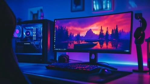 Neon-soaked gaming battlestation under digital sunset glow.