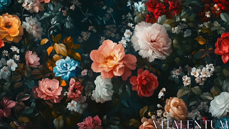Lush Garden of Vintage Florals on Deep Teal Background