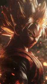 Spiky haired anime warrior stands in glowing ember light