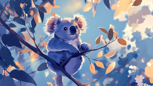 Koala rests on slender tree branch with stylized foliage