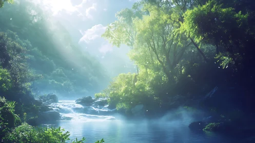 Morning river hush turns misty forest into liquid glass