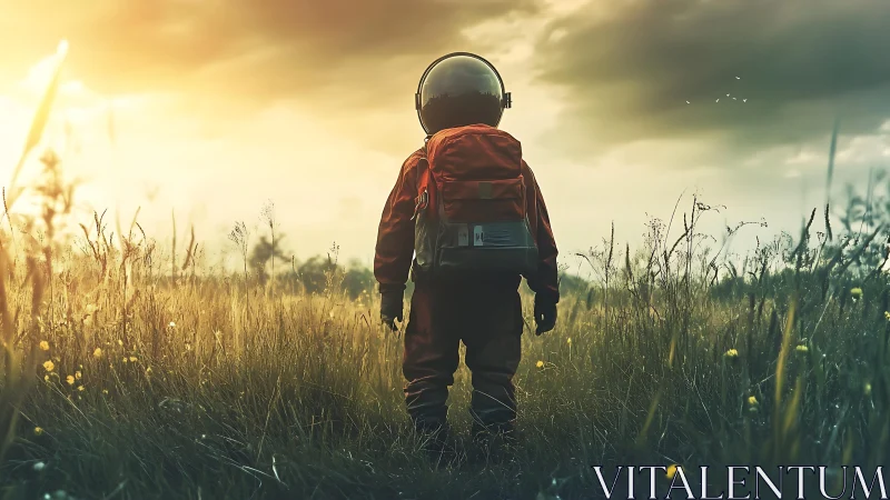 Child astronaut stands in tall grass under dramatic sunset sky
