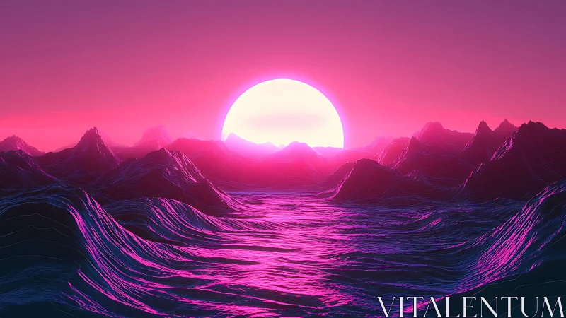 Dreamy neon sunrise over glowing digital waves and peaks.
