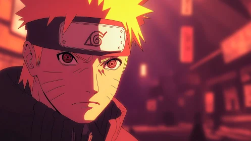 Anime close-up portrait with dramatic warm city bokeh lighting.