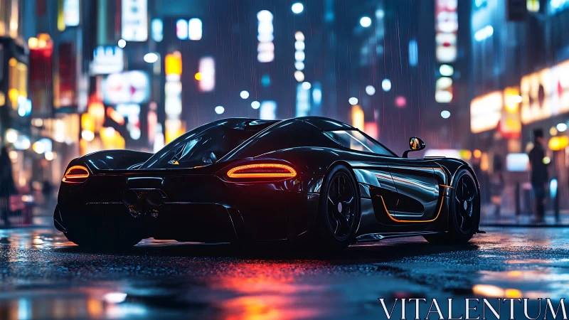 Black supercar parked on wet neon city street at night.
