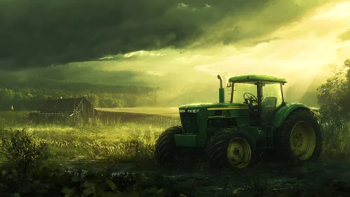 Sunlit green tractor resting quietly on a misty country farm.