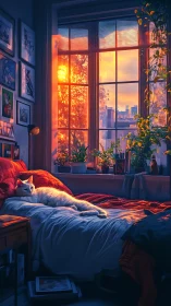 Sun-drenched window kingdom with a daydreaming white cat.