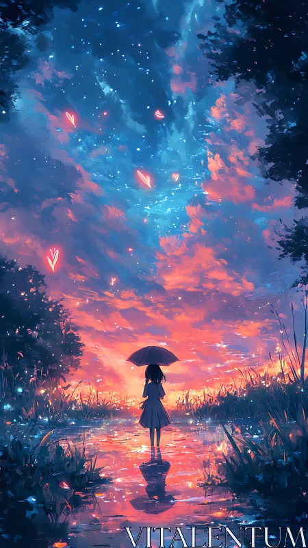 Girl with umbrella in glowing dusk sky reflection scene.