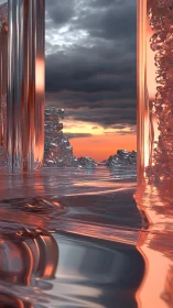 Molten chrome seascape framing storm-lit digital sunset.
