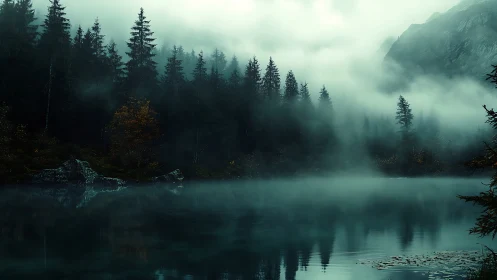 Foggy conifer forest reflected in still mountain lake.