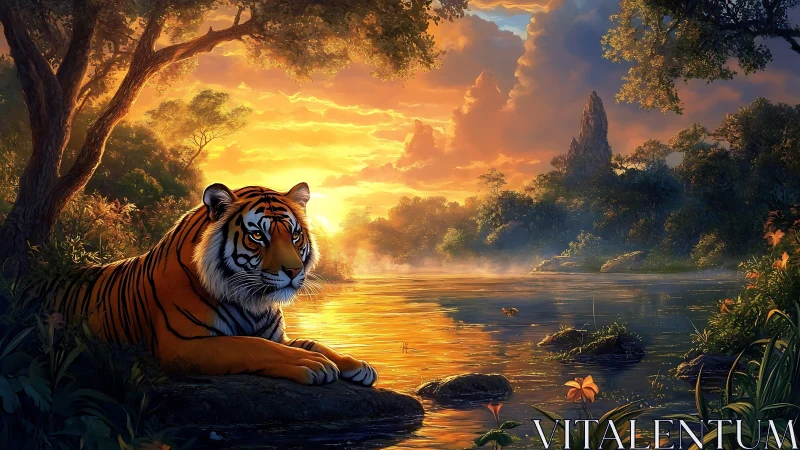 Tiger rests by reflective river under saturated golden sunset