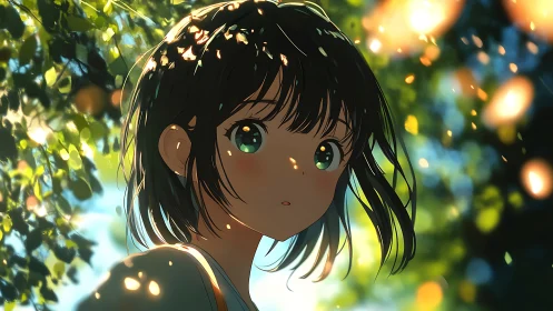 Sunlit forest girl caught in a quiet, glowing daydream.