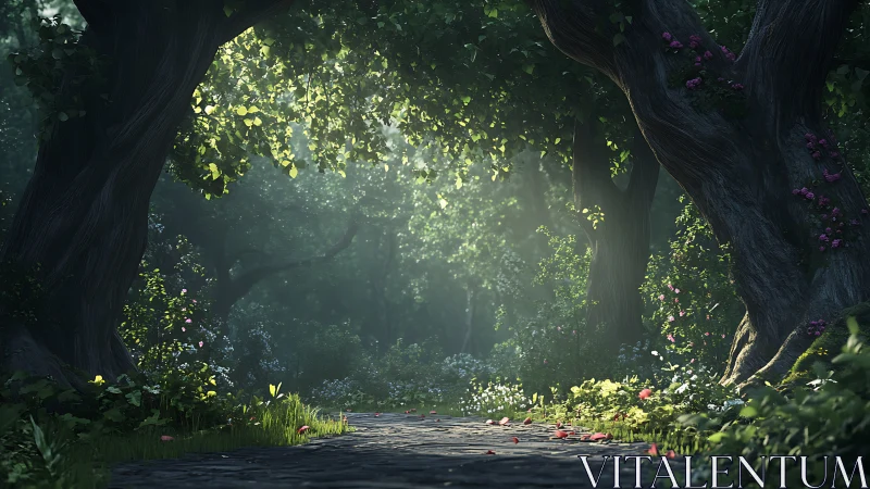 Ancient forest pathway emerges beneath towering trees with luminous canopy