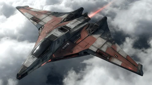 Stealth fighter glides above clouds with red exhaust trail.