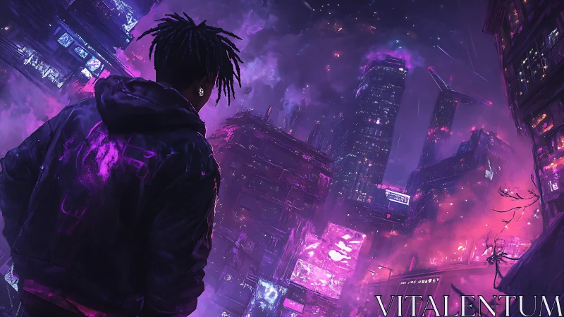 Neon drenched city skyline glows around a lone wanderer