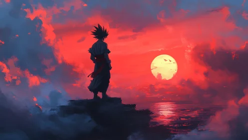Sunset warrior pausing on a cloud-kissed ocean cliff.