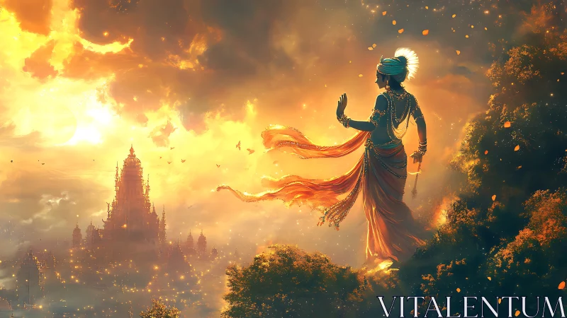 Celestial deity walks toward a radiant golden temple realm