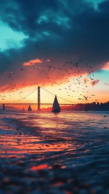 Suspension bridge spans sunset bay with sailboats and birds