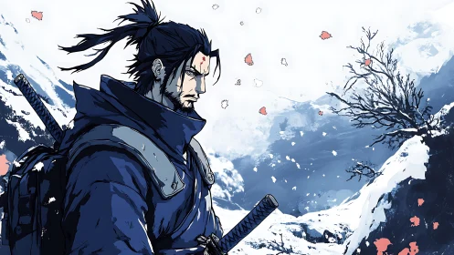 Stoic winter ronin in dynamic cel-shaded mountain blizzard.
