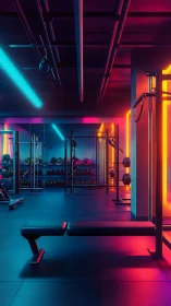 Neon-lit futuristic gym interior glows with vibrant colors.
