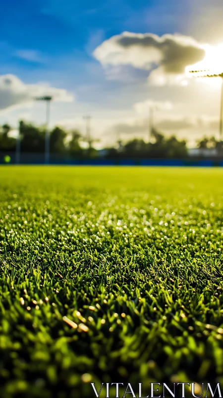 Sunlit sports field glows with fresh green grass at sunrise.
