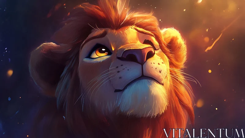 Stylized digital portrait of a lion head in warm light.