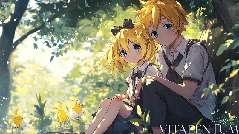 Anime twins resting in sunlit forest with glowing sprites.