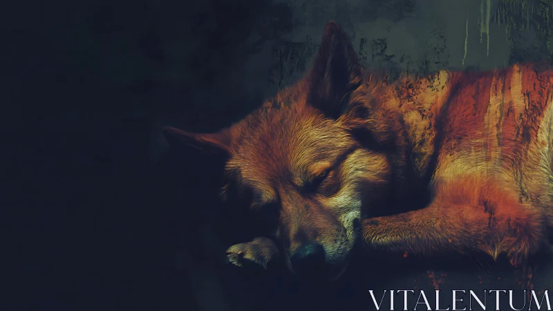 Digital painting of sleeping fox in chiaroscuro composition.