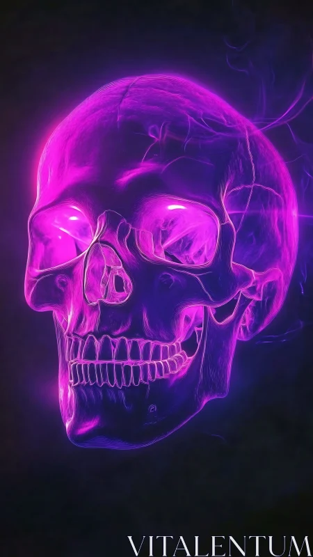 Human skull rendered in neon magenta light against black field