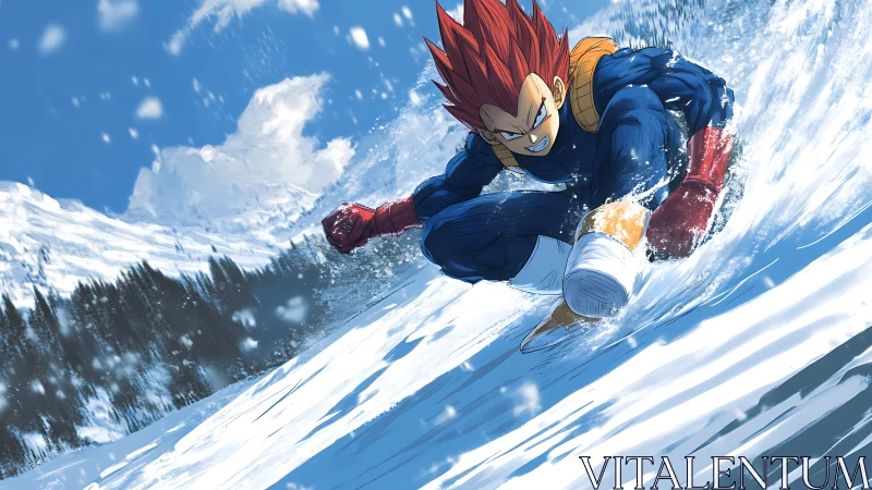 Fiery‑haired warrior carves bold lines through snowy slopes