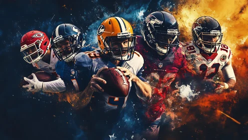 Five American football players in dynamic composite artwork