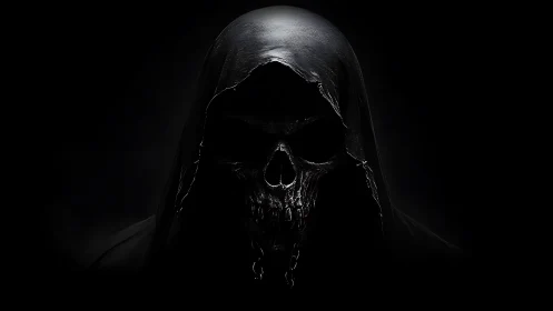 Hooded skeletal wraith emerges from void in stark darkness.