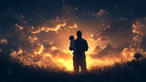 Silhouetted parent holding child against glowing night sky.