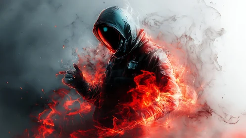 Hooded embercaster walks through smoke and digital wildfire.
