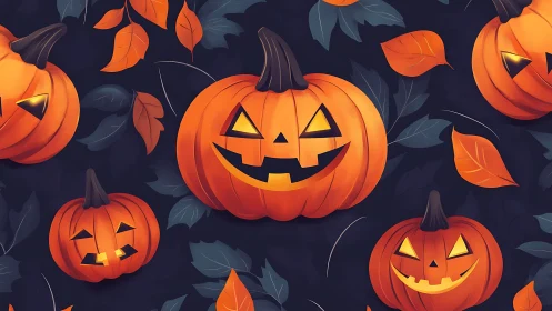 Seamless pattern of carved pumpkins and scattered autumn leaves.