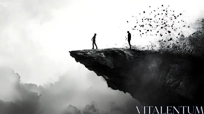 Silhouetted figures stand on a disintegrating cliff edge