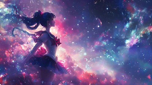 Anime girl in school uniform against vibrant starry sky.