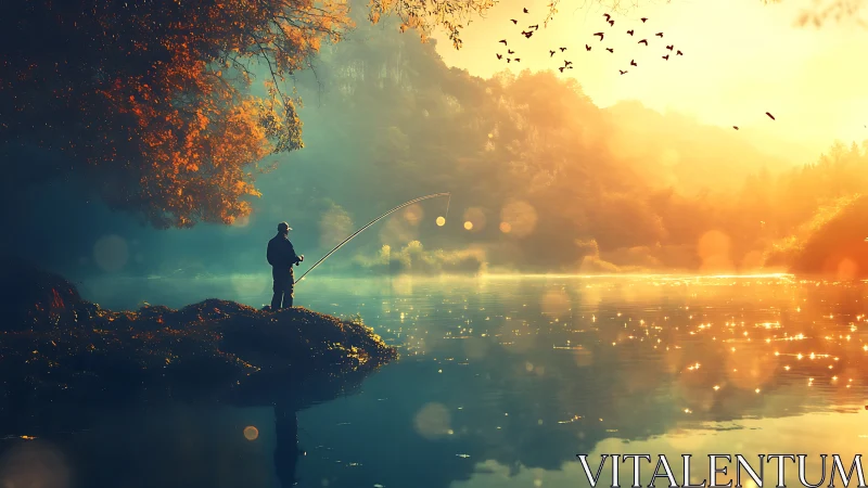 Solitary angler on lakeshore in hazy autumn sunrise light.