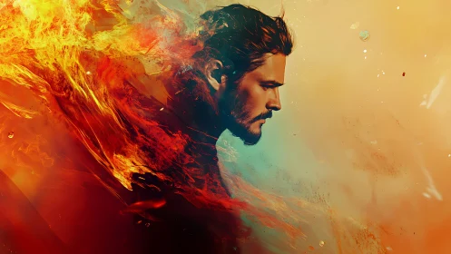Fiery male profile dissolving into abstract inferno gradient.