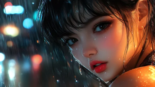 Hyperreal digital portrait of rain soaked woman in neon city